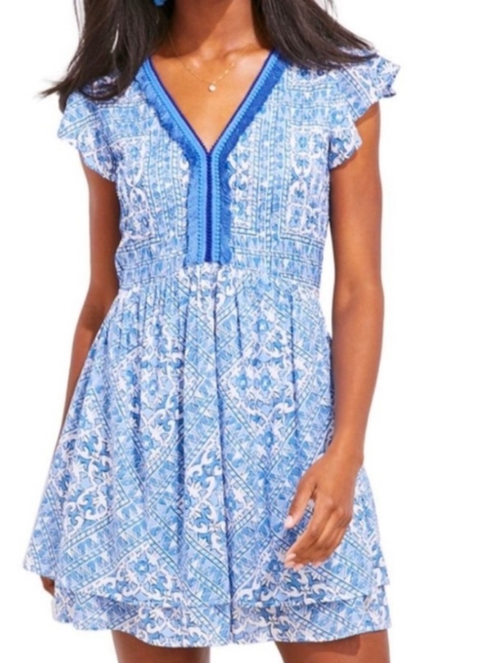 💙Vineyard Vines Blue & White Scarf Print Pin-tuck Flutter Sleeve Mini Dress S💙